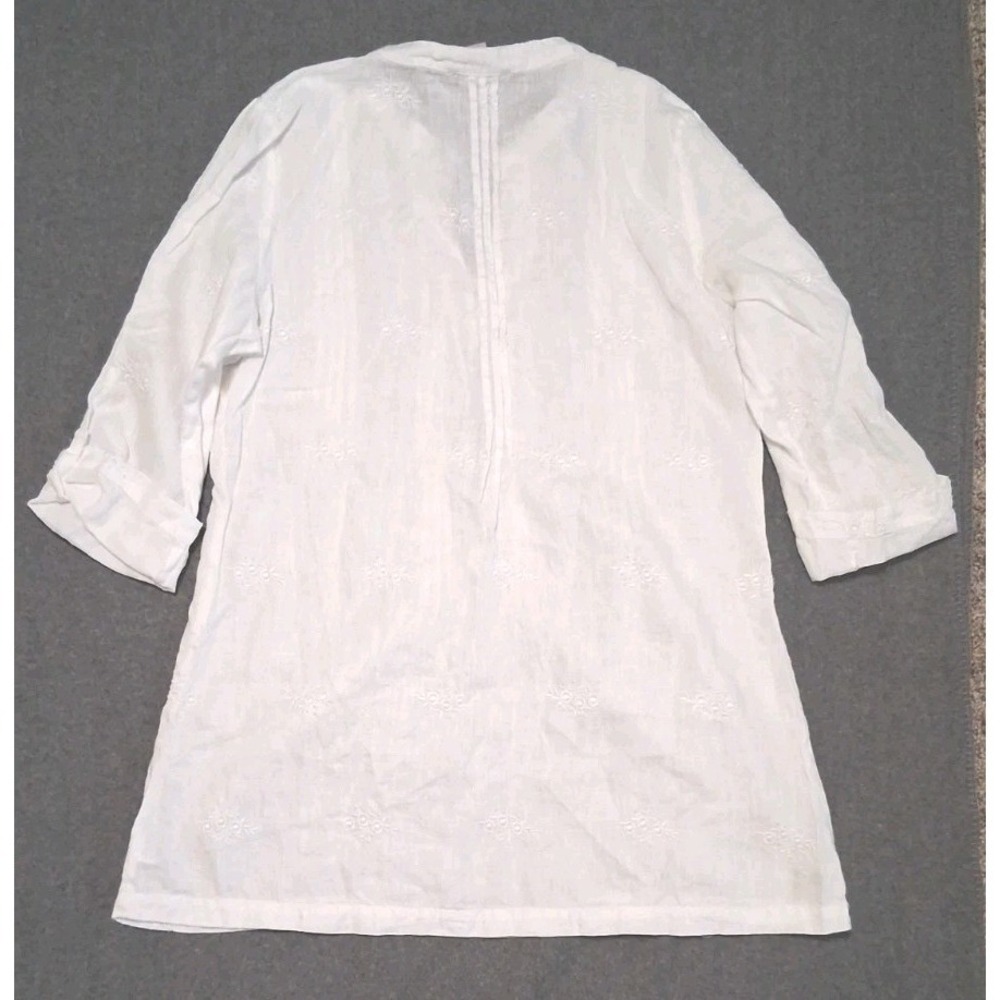 Saint Tropez West M White Linen Tunic Top Floral Embroidery Pintuck Tab Sleeve - Picture 4 of 8